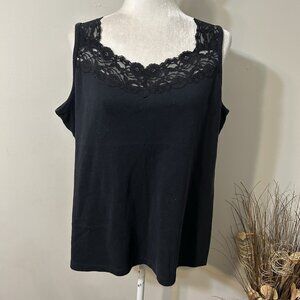 TanJay Women Pullover Sleeveless Tank Top Square Neck Lace Trim Black Cotton L
